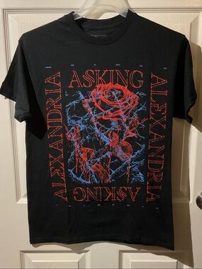 Asking Alexandria Black Short Sleeve Band T-Shirt with Red & Blue Rose Graphic